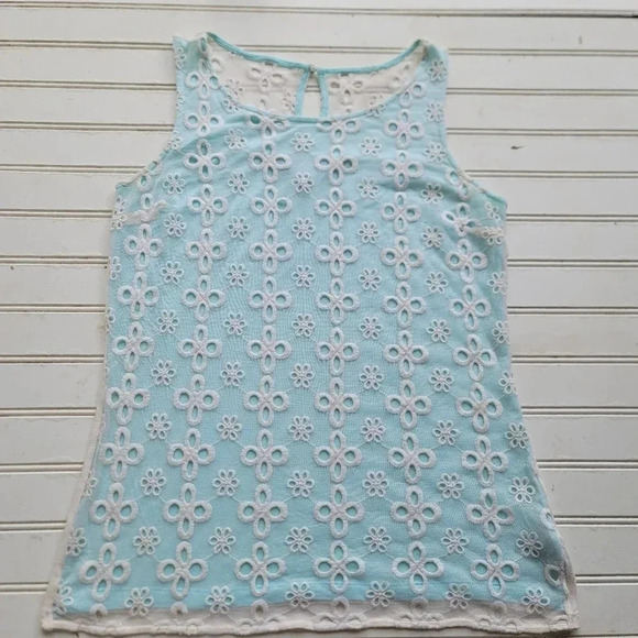 Jennifer Lopez Tank Top White Aqua Blue Back Button Keyhole Eyelet Sleeveless XS - Picture 6 of 12